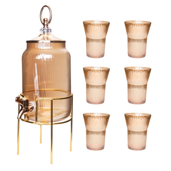 Set Dispensador de Vidrio 2250 ml con 6 Vasos Ámbar Glassware Redondo con Base Dorada