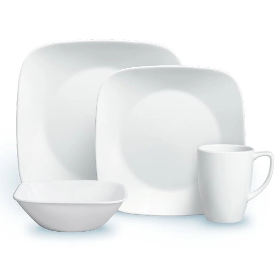 Vajilla Corelle 16 Piezas Pure White Square – Diseño Cuadrado Blanco, Vidrio Liviano y Resistente