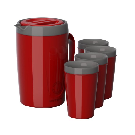 Kit jarra Caribe 2 L con cuatro vasos Uniteri rojo
