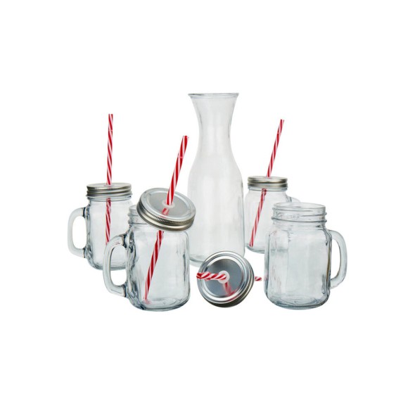 Jarra y Tarros con Pajitas Mason Jar Set – Set de Jarras de Cristal con Popotes
