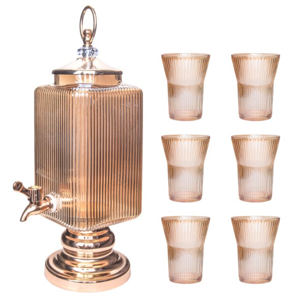 Set Dispensador de Vidrio 3000 ml con 6 Vasos Ámbar Glassware Cuadrado