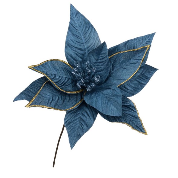 Flor Navideña Poinsettia Metálica Terciopelo 25 cm Azul Jeans